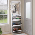 Mirror Shoe Cabinet With 3 Flip-Tier Drawers,Shoe Rack Organizer Store Ample Shoes,Hooks&Hangers For Organizing Clothes And Hats