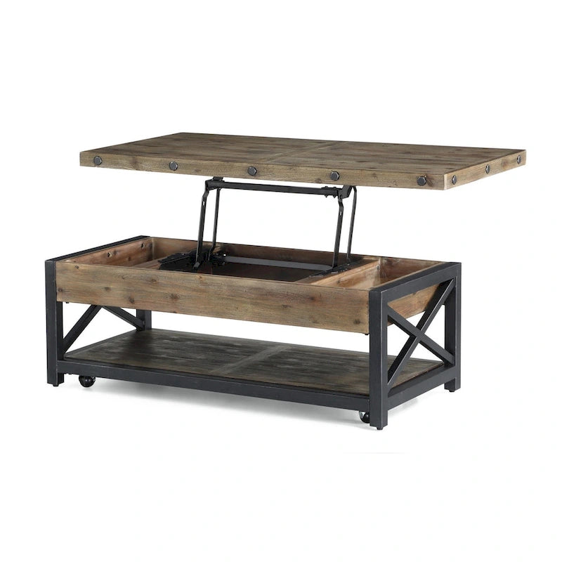 Tavolino da salotto rettangolare in legno marrone con piano sollevabile e rotelle - 50 x 18 x 26
