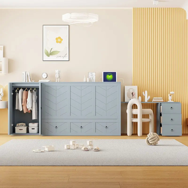 Letto a scomparsa matrimoniale con porta USB, ampio cassetto e combinazione guardaroba/scrivania