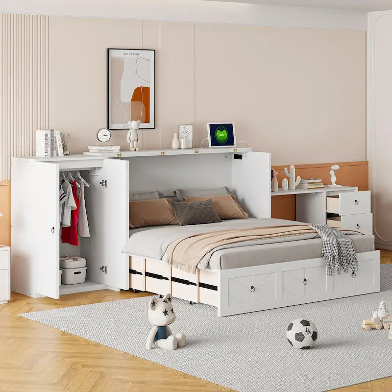 Letto a scomparsa matrimoniale con porta USB, ampio cassetto e combinazione guardaroba/scrivania