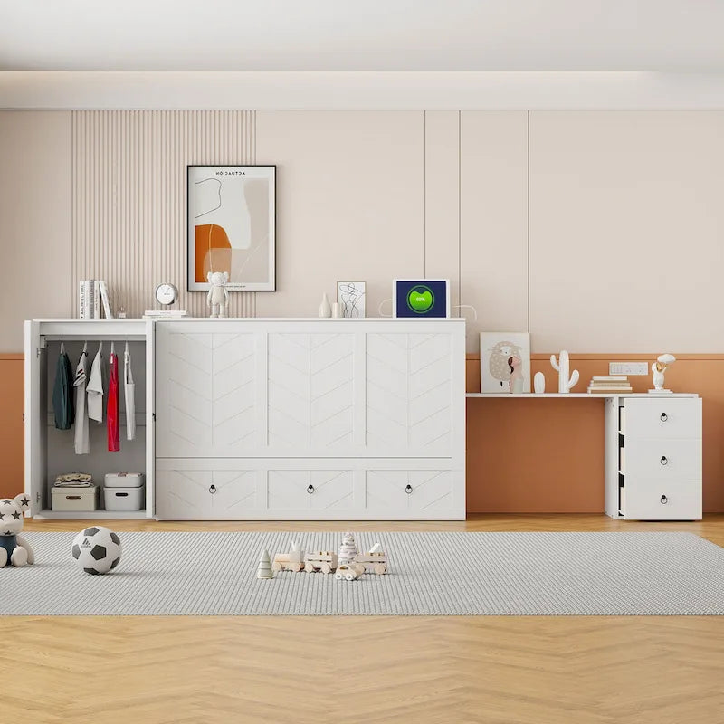 Letto a scomparsa matrimoniale con porta USB, ampio cassetto e combinazione guardaroba/scrivania