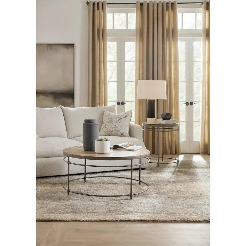Tavolino rotondo in metallo con piano in legno di acacia da 22"