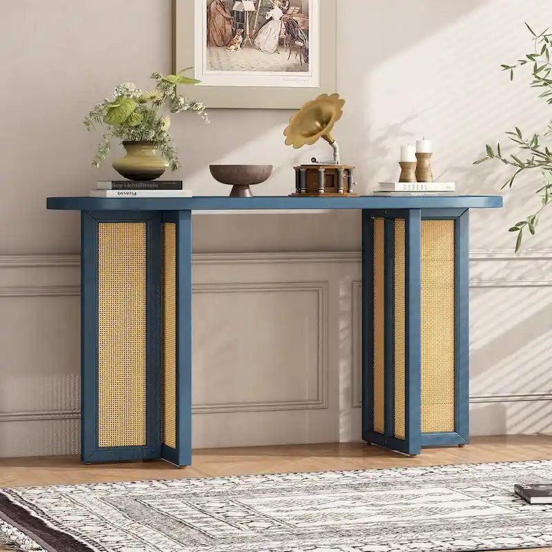 Consolle in rattan con ripiano ovale - Blu marino