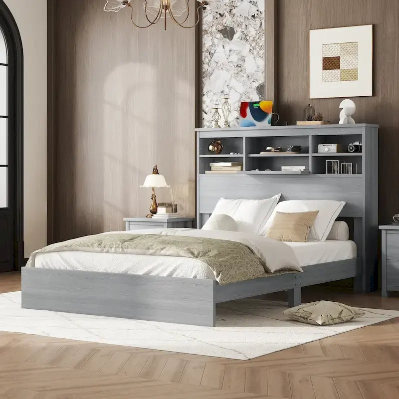 Letto matrimoniale Queen Size vintage con piattaforma, testiera contenitore e stazione di ricarica