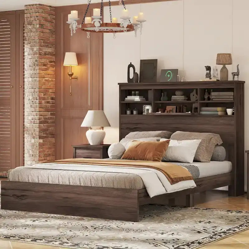 Letto matrimoniale Queen Size vintage con piattaforma, testiera contenitore e stazione di ricarica