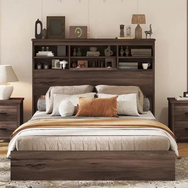 Letto matrimoniale Queen Size vintage con piattaforma, testiera contenitore e stazione di ricarica