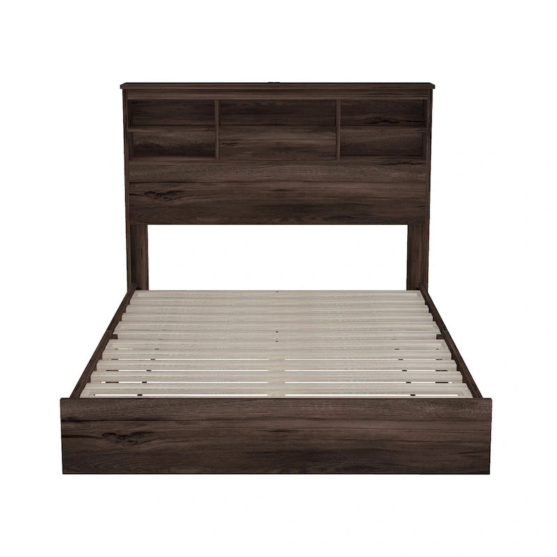 Letto matrimoniale Queen Size vintage con piattaforma, testiera contenitore e stazione di ricarica