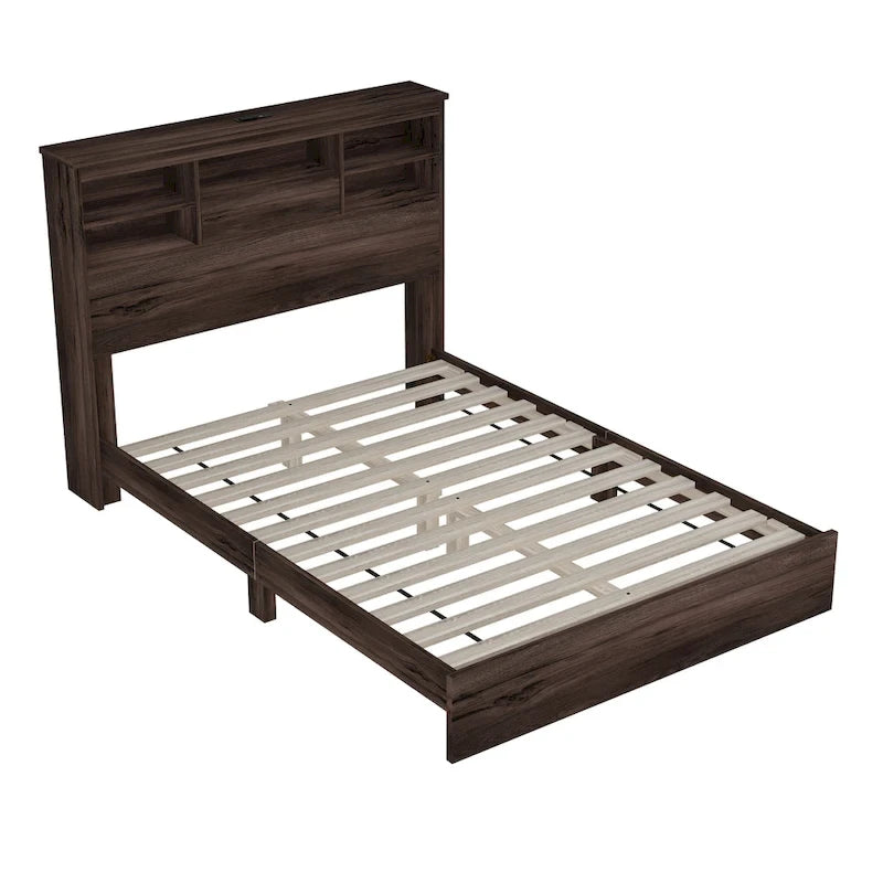 Letto matrimoniale Queen Size vintage con piattaforma, testiera contenitore e stazione di ricarica