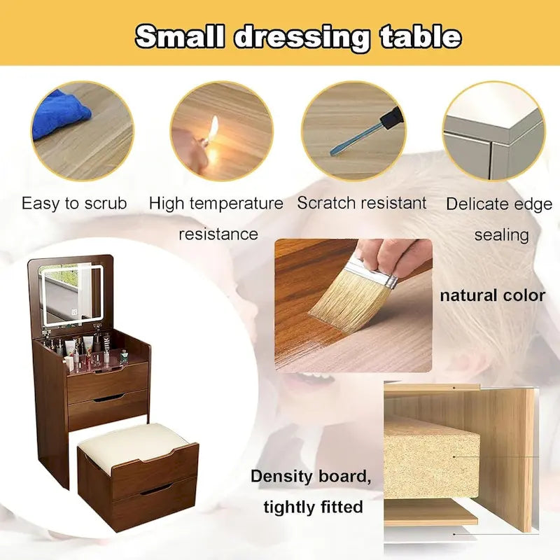 Set da tavolo per trucco con specchio illuminato, 3 cassetti e sgabello