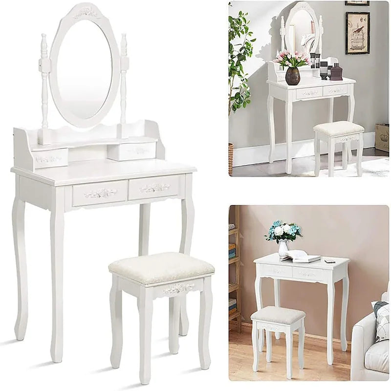 Set Toeletta con Specchio Ovale, Sgabello Imbottito e 4 Cassetti