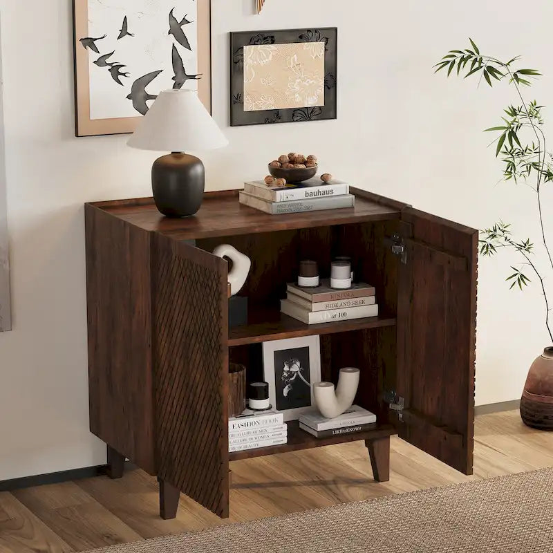 Mobiletto contenitore in legno di mango con ripiano regolabile e due ante
