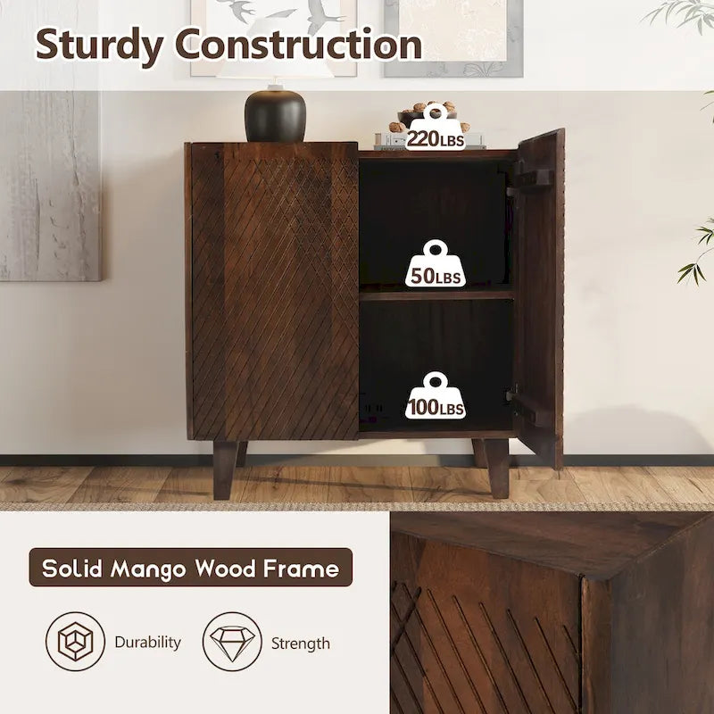 Mobiletto contenitore in legno di mango con ripiano regolabile e due ante