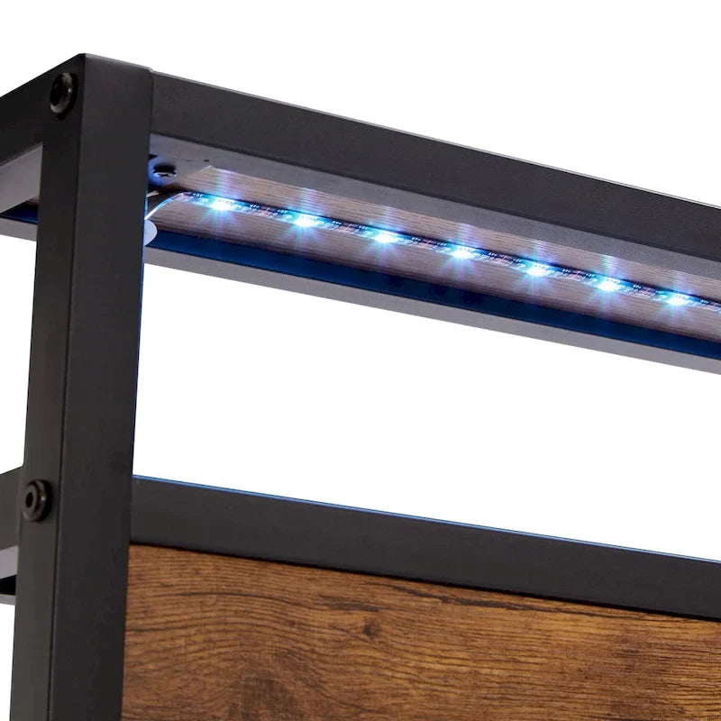 Letto matrimoniale in metallo con luci LED, testiera in legno e due cassetti portaoggetti