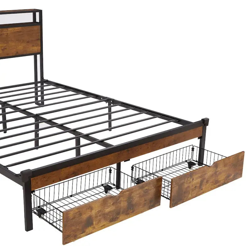 Letto matrimoniale in metallo con luci LED, testiera in legno e due cassetti portaoggetti