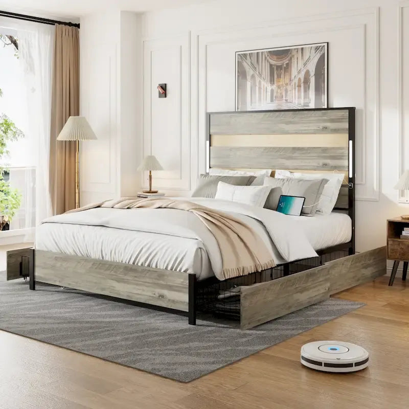 Letto Queen Size con cassetti contenitore e stazione di ricarica