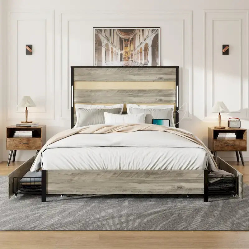 Letto Queen Size con cassetti contenitore e stazione di ricarica