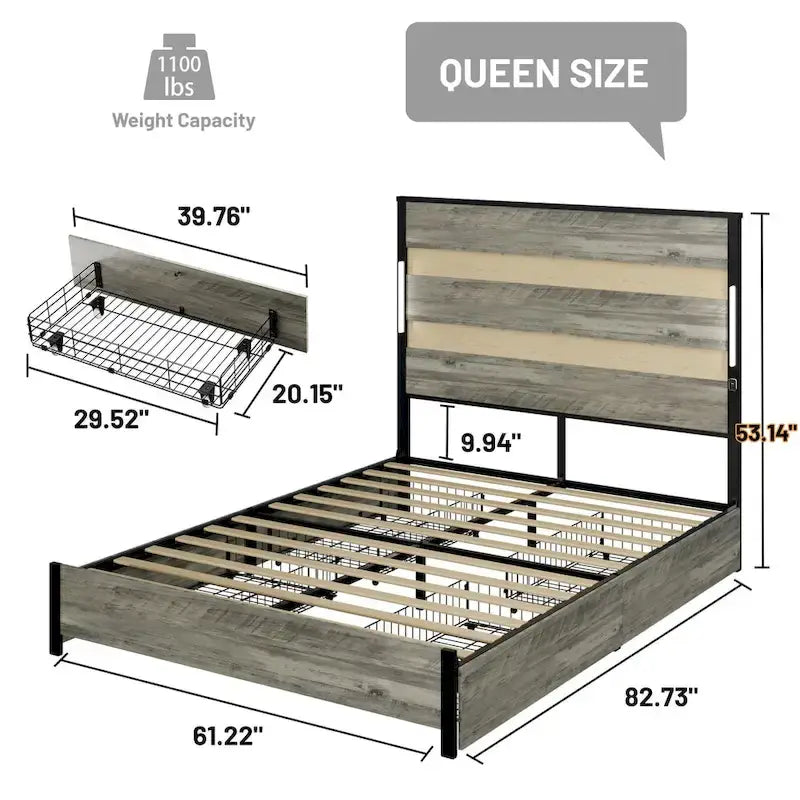 Letto Queen Size con cassetti contenitore e stazione di ricarica