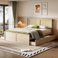 Letto matrimoniale con struttura in legno e 4 cassetti contenitore, con testiera in rattan