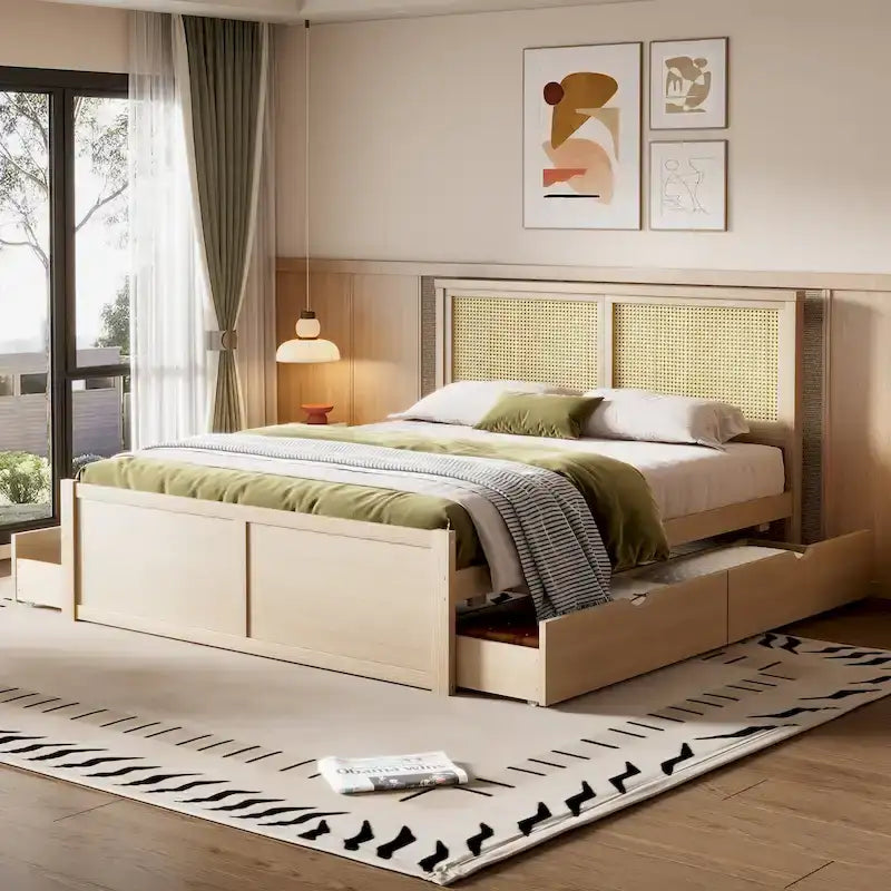 Letto matrimoniale con struttura in legno e 4 cassetti contenitore, con testiera in rattan
