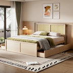Antique Natural Queen Size Wood Storage Bed with 4 Drawers and Rattan Headboard