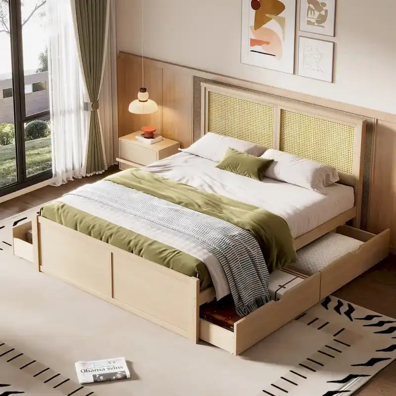 Letto matrimoniale con struttura in legno e 4 cassetti contenitore, con testiera in rattan