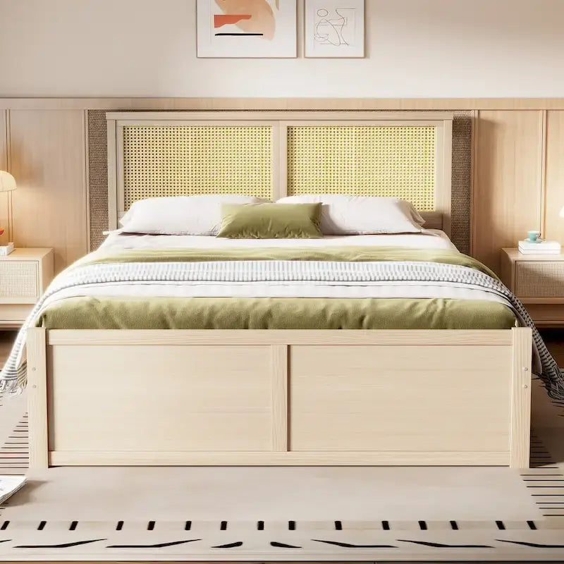 Letto matrimoniale con struttura in legno e 4 cassetti contenitore, con testiera in rattan