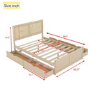 Letto matrimoniale con struttura in legno e 4 cassetti contenitore, con testiera in rattan