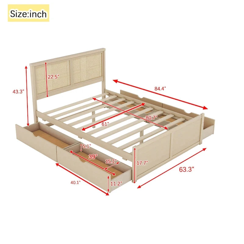 Letto matrimoniale con struttura in legno e 4 cassetti contenitore, con testiera in rattan