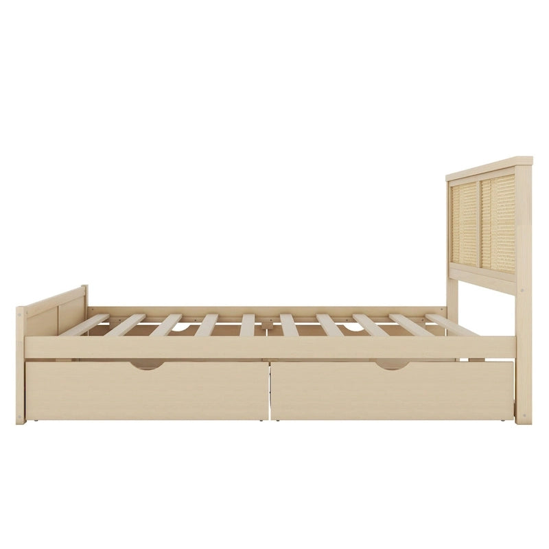 Letto matrimoniale con struttura in legno e 4 cassetti contenitore, con testiera in rattan