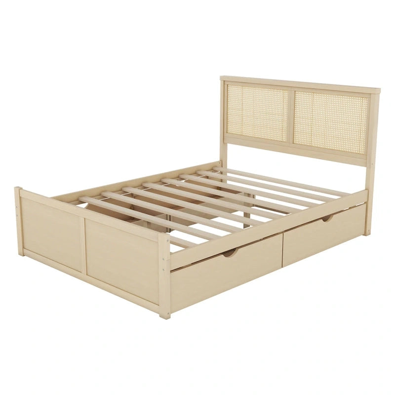 Letto matrimoniale con struttura in legno e 4 cassetti contenitore, con testiera in rattan