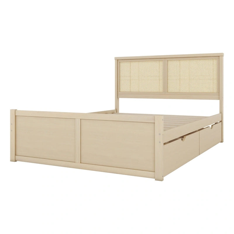 Letto matrimoniale con struttura in legno e 4 cassetti contenitore, con testiera in rattan