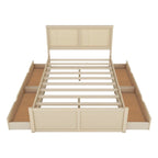 Letto matrimoniale con struttura in legno e 4 cassetti contenitore, con testiera in rattan