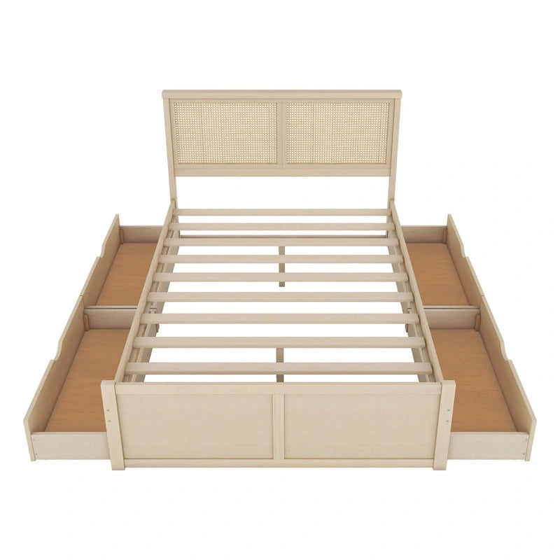 Letto matrimoniale con struttura in legno e 4 cassetti contenitore, con testiera in rattan