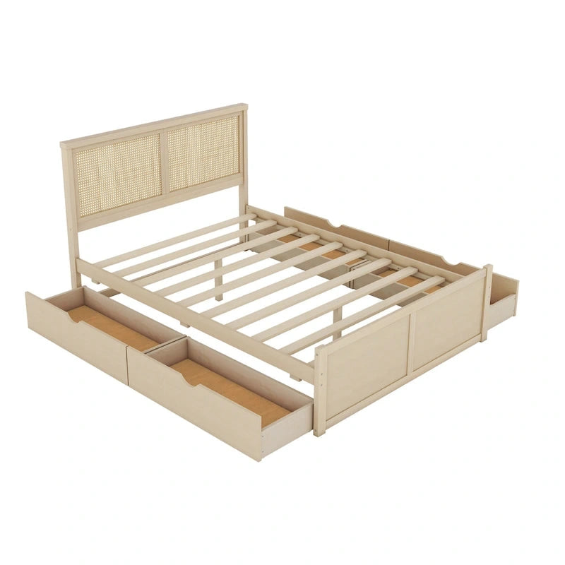 Letto matrimoniale con struttura in legno e 4 cassetti contenitore, con testiera in rattan