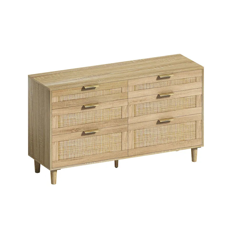 Comò a 6 cassetti con frontali in rattan, maniglie in metallo e gambe in legno