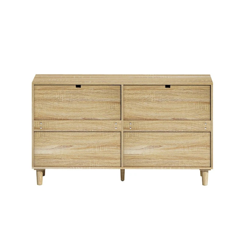 Comò a 6 cassetti con frontali in rattan, maniglie in metallo e gambe in legno