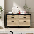Comò a 6 cassetti con frontali in rattan, maniglie in metallo e gambe in legno