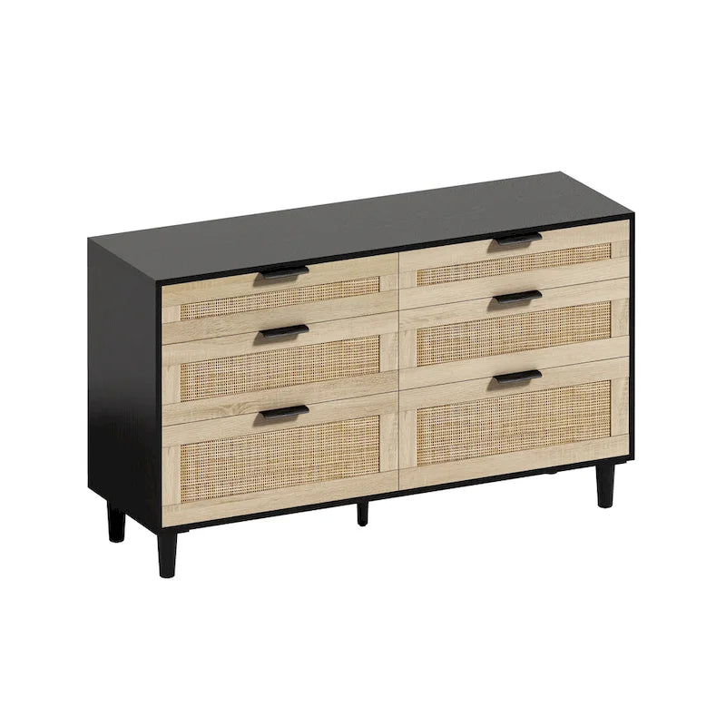 Comò a 6 cassetti con frontali in rattan, maniglie in metallo e gambe in legno