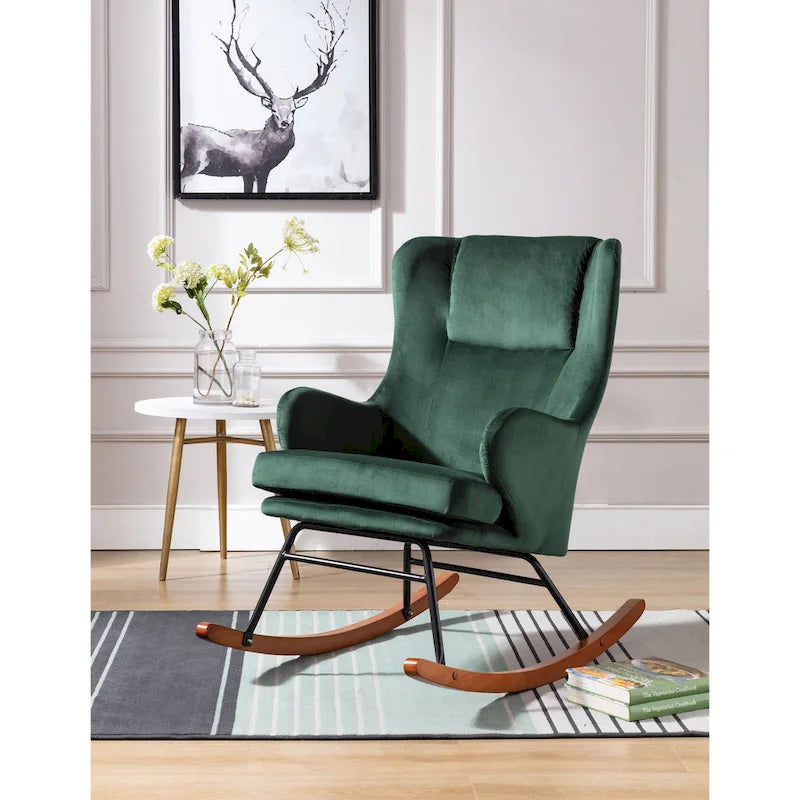 Sedia a dondolo Mid-Century con rivestimento in velluto e gambe in legno