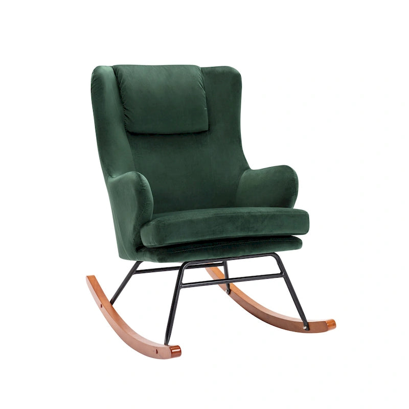 Sedia a dondolo Mid-Century con rivestimento in velluto e gambe in legno