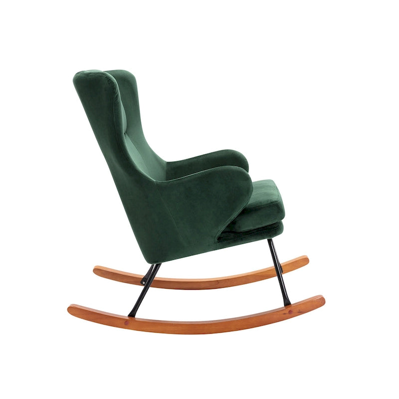 Sedia a dondolo Mid-Century con rivestimento in velluto e gambe in legno