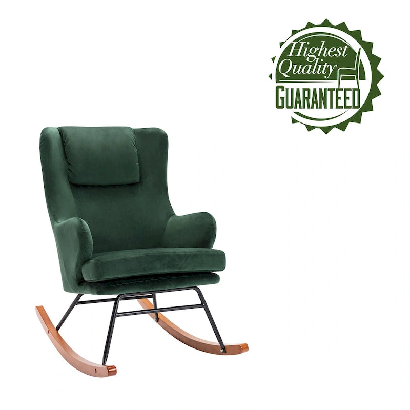 Sedia a dondolo Mid-Century con rivestimento in velluto e gambe in legno