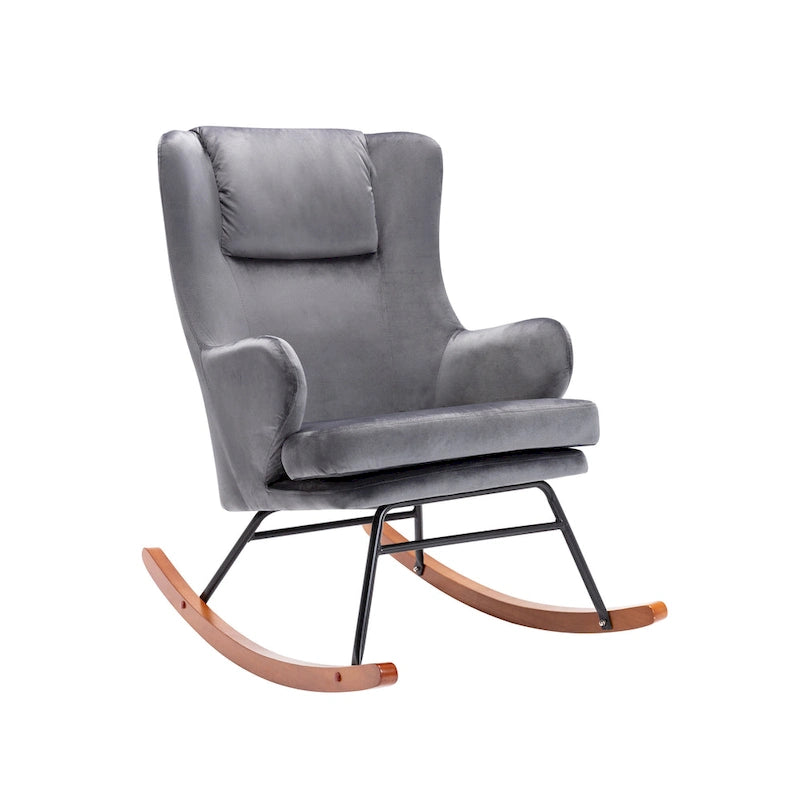 Sedia a dondolo Mid-Century con rivestimento in velluto e gambe in legno