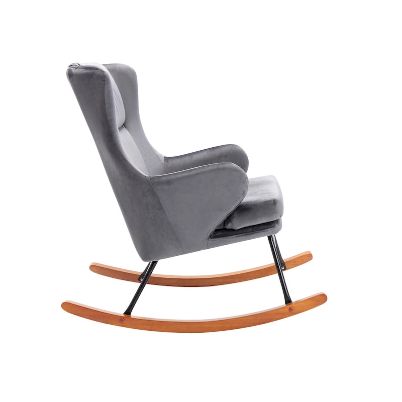 Sedia a dondolo Mid-Century con rivestimento in velluto e gambe in legno