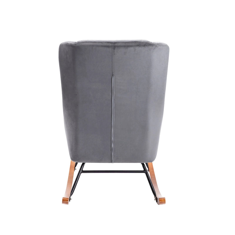 Sedia a dondolo Mid-Century con rivestimento in velluto e gambe in legno
