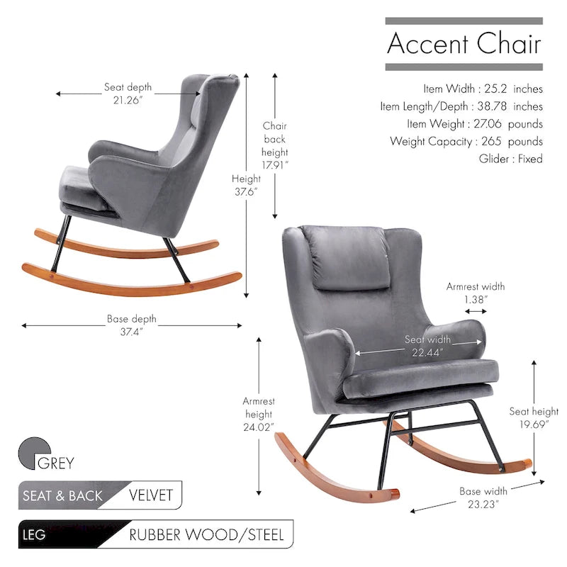 Sedia a dondolo Mid-Century con rivestimento in velluto e gambe in legno