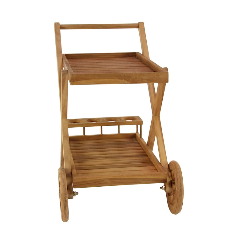 Carrello da Bar in Legno di Teak con 2 Ripiani e Maniglia - Marrone, 21L x 32P x 32A