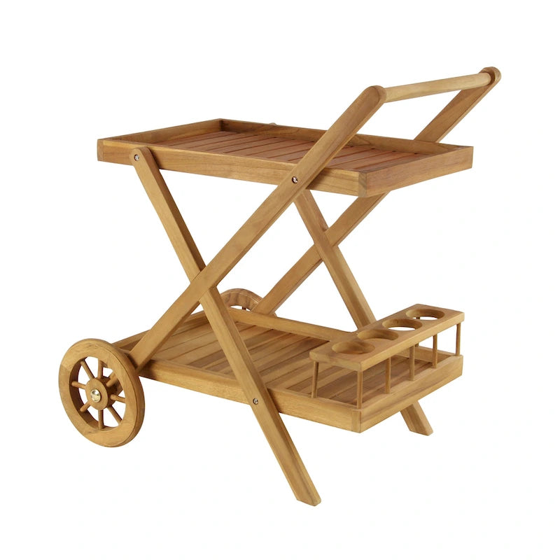 Carrello da Bar in Legno di Teak con 2 Ripiani e Maniglia - Marrone, 21L x 32P x 32A