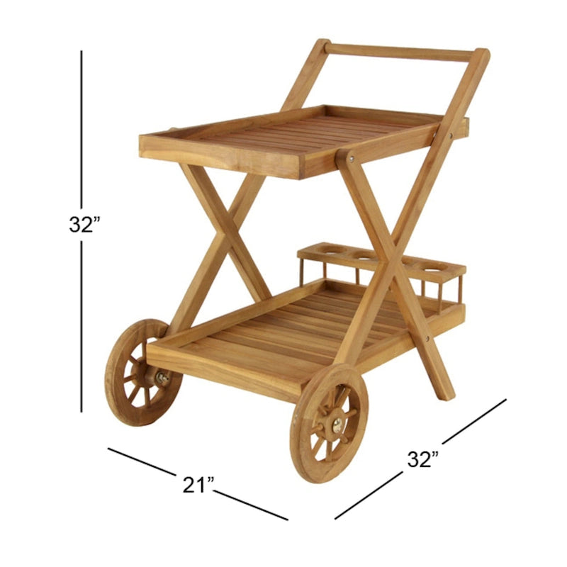 Carrello da Bar in Legno di Teak con 2 Ripiani e Maniglia - Marrone, 21L x 32P x 32A