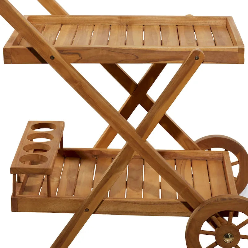 Carrello da Bar in Legno di Teak con 2 Ripiani e Maniglia - Marrone, 21L x 32P x 32A